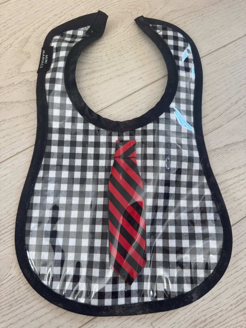Kids Waterproof Gingham Bib with Red Striped Tie Accent